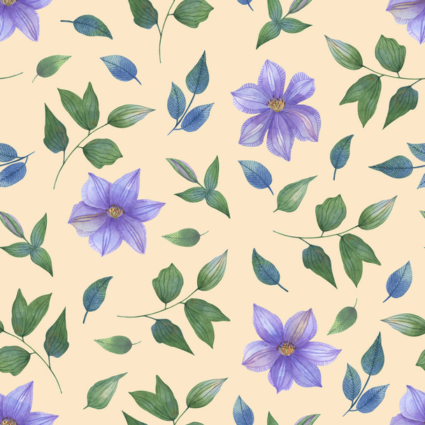 Watercolor seamless pattern with clematis flowers on a yellow background. Beautiful, stylish design for fabric, wallpaper, napkins, textiles, packaging - Photo, image