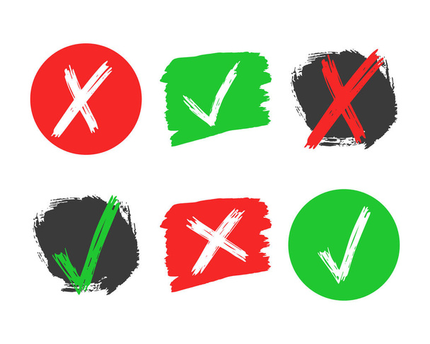 Ensemble de six éléments de contrôle et de croix dessinés à la main isolés sur fond blanc. Grunge doodle vert coche OK et rouge X dans différentes icônes. Illustration vectorielle - Vecteur, image
