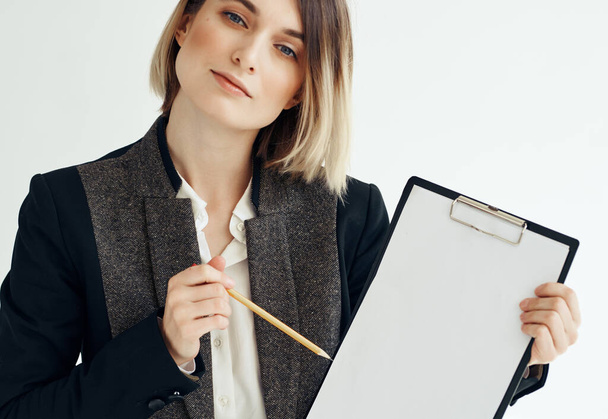 cheerful business woman documents job professional advertising - Фото, изображение