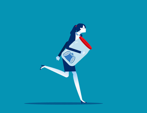 Businesswoman hold his save money in jar with running - Διάνυσμα, εικόνα