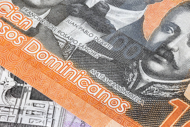 Close up to Pesos of the Dominican Republic. Paper banknotes of the Caribbean country. Detailed capture of the big one hundred and the serial number. Detailed money background wallpaper. - Photo, Image