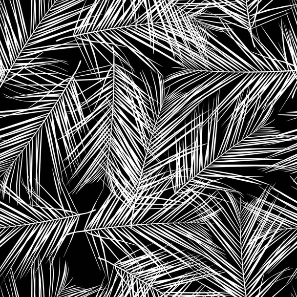 Muodikas saumaton trooppinen kuvio mustalla valkoisella trooppisella palmulehdellä mustalla taustalla. Kauniita eksoottisia kasveja. Trendikäs kesä Havaijilla. Line tyylikäs kukka. - Vektori, kuva