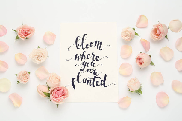 Frame of beautiful flowers and paper card with handwritten text Bloom where you are planted on white background, flat lay - Foto, Imagem