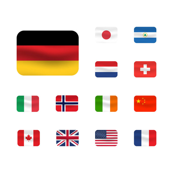 Set of flag icon. United States, Italy, China, France, Canada, Japan, Ireland, Kingdom, Nicaragua, Norway, Switzerland, Netherlands. Square icons flags. UI UX user interface. - Vettoriali, immagini