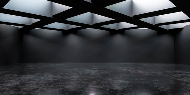 Abstracte architectuur, lege donkere betonnen ruimte interieur met opening in plafond 3d maken illustratie - Foto, afbeelding