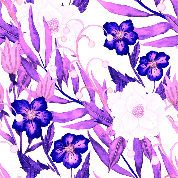 Υδατογραφία αδιάλειπτη μοτίβο με λουλούδια. Κλασσικό μοτίβο λουλουδιών. Λουλούδι χωρίς ραφή μοτίβο. Βοτανική τέχνη. Floral βοτανική συλλογή. Γαμήλιο σετ λουλουδιών. Βοτανικός σχεδιασμός υδατογραφίας. - Φωτογραφία, εικόνα