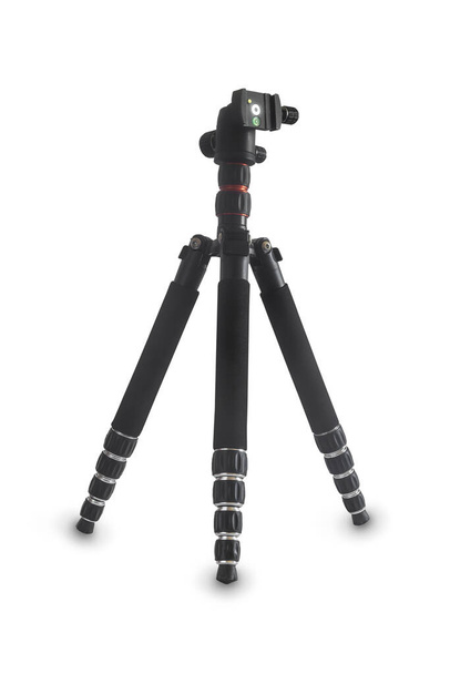 Stable and durable sliding tripod for camera and video camera on a white background. Front view, copy space - Fotografie, Obrázek