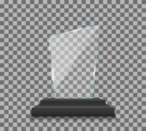Trophy of glass award. Plexi glass award. Plate of acrylic trophy. Stand of crystal for prize of winner. Mockup of realistic of plexiglass for cup of champion. Acrilic badge for win. Vector. - Vector, Image