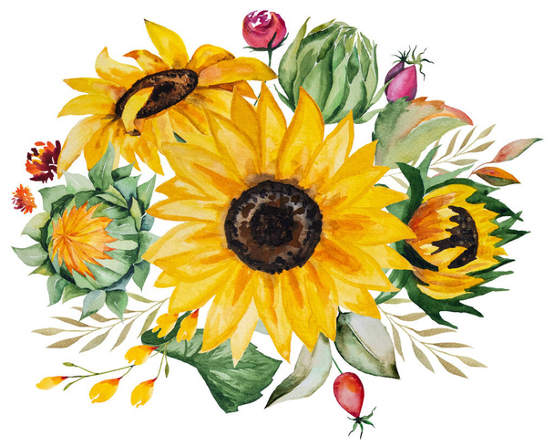 Watercolor autumn bouquet made of yellow sunflowers and leaves isolated - Fotó, kép