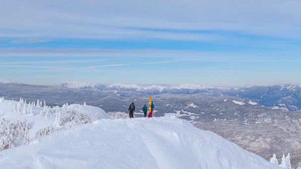 AERIAL: Volando alrededor de tres esquiadores después de llegar a la cima de la montaña nevada. - Foto, Imagen
