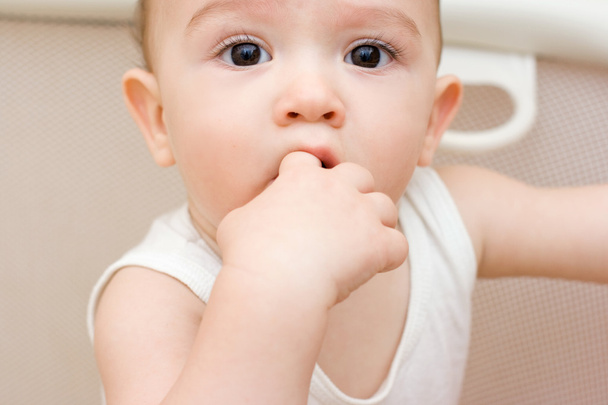 Веселый кавказский ребенок с пальцем во рту
 - Фото, изображение