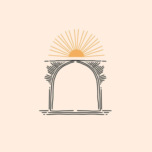 Hand drawn vector abstract stock flat graphic illustration with logo element,bohemian astrology magic minimalistic emblem of mystic line arch portal and golden sun with rays,simple style for branding. - Vector, Image