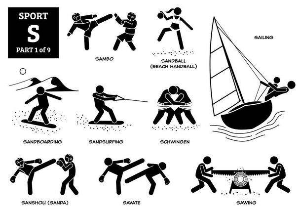Sportovní hry abeceda S vektorové ikony piktogram. Sambo, pískoviště, plážová házená, plachtění, sandboarding, sandsurfing, schwingen, sanshou, sanda, savate, a pilování.  - Vektor, obrázek