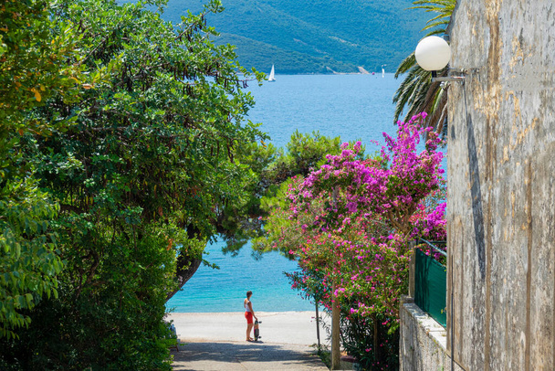 Mujer en vacaciones de verano sosteniendo un longboard mira el impresionante mar Adriático. - Foto, imagen