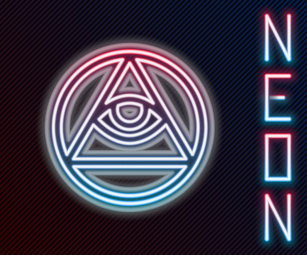 Glowing neon line Masons symbol All-seeing eye of God icon isolated on black background. The eye of Providence in the triangle. Colorful outline concept. Vector - Vector, Image