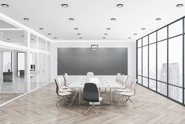 Clean glass meeting room office interior with window and city view, furniture, wooden flooring, equipment and daylight. 3D Rendering. - Fotó, kép