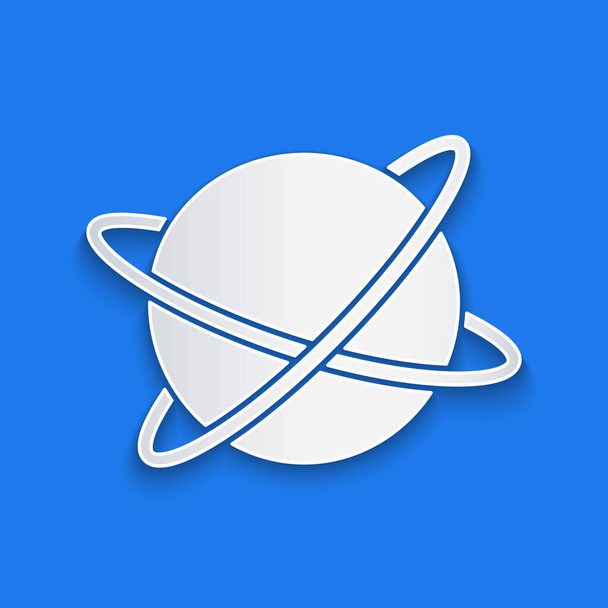 Corte de papel Satélites artificiales orbitando el planeta Tierra en el icono del espacio exterior aislado sobre fondo azul. Comunicación, concepto de navegación. Estilo de arte de papel. Vector. - Vector, imagen
