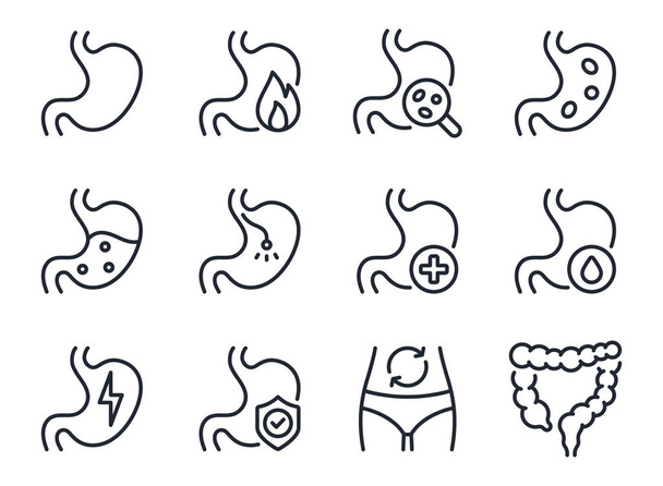 Stomach ache and pain related editable stroke outline icons set  isolated on white background flat vector illustration. Pixel perfect. 64 x 64. - Wektor, obraz