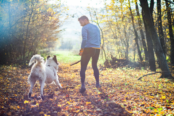 happy dog and man playing in autumn forest - Fotografie, Obrázek