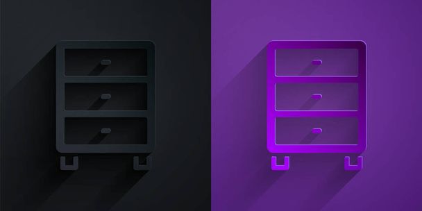 Paper cut Archive papers drawer icon isolated on black on purple background. Drawer with documents. File cabinet drawer. Office furniture. Paper art style. Vector - Vector, Image