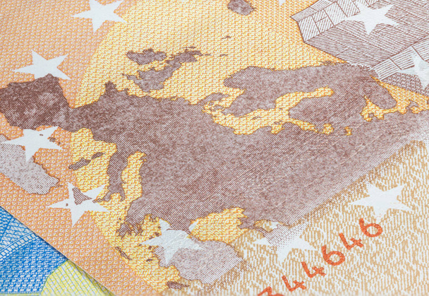 Macro close up on the design surface of 10 euro notes. Banknotes of the European Union. Wallpaper background of money. Detailed currency closeup. Euros isolated flat capture, New Ten Euro Note - Photo, Image