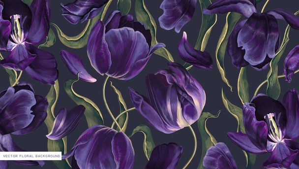 Fondo vintage en colores oscuros con flores realistas tulipanes de color púrpura oscuro. Inflorescencias, pétalos y hojas dibujadas a mano vectoriales altamente detalladas en papel pintado, banners, redes sociales, blogs personales - Vector, Imagen
