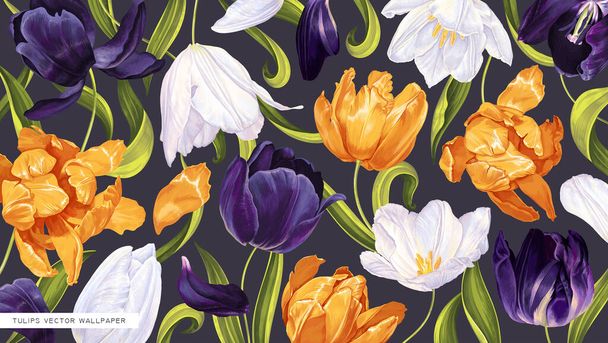 Botanické pozadí s realistickým vektorem ručně kreslených tulipánů. Vysoce detailní květiny, žlutá, bílá a tmavě fialová na tmavém pozadí. Navrhnout speciálně pro stolní počítače, tablety nebo notebooky. - Vektor, obrázek