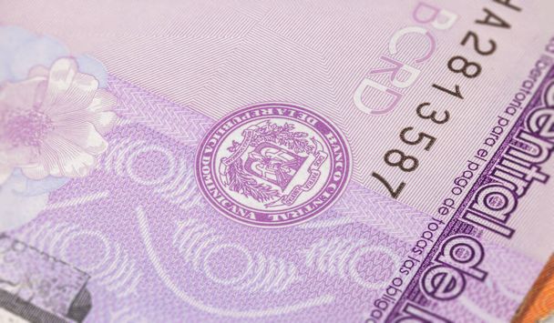 Dominik Cumhuriyeti Pesos 'a yakın. Karayip ülkesinin kağıt banknotları. Armanın ve seri numarasının detaylı bir şekilde ele geçirilmesi. Ayrıntılı para arkaplan duvar kağıdı. - Fotoğraf, Görsel