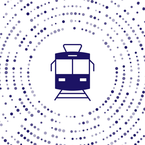 Tram blu e icona ferroviaria isolato su sfondo bianco. Simbolo dei trasporti pubblici. Cerchi astratti puntini casuali. Vettore - Vettoriali, immagini