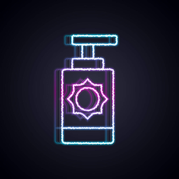 Linea neon incandescente icona del flacone spray solare isolato su sfondo nero. Protezione per la pelle dalla luce ultravioletta solare. Vettore. - Vettoriali, immagini