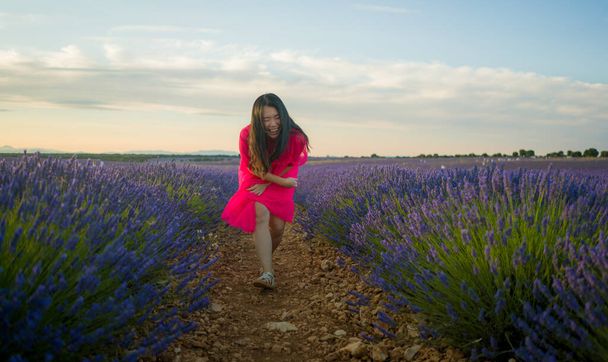 young happy and beautiful Asian Chinese woman in Summer dress enjoying nature free and playful outdoors at purple lavender flowers field in romantic beauty and freedom concept - Фото, изображение