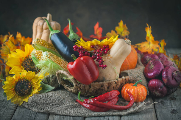 The table, decorated with vegetables, pumpkins and fruits. Harvest Festival, Happy Thanksgiving. Autumn background. Selective focus. Horizontal. - Photo, Image