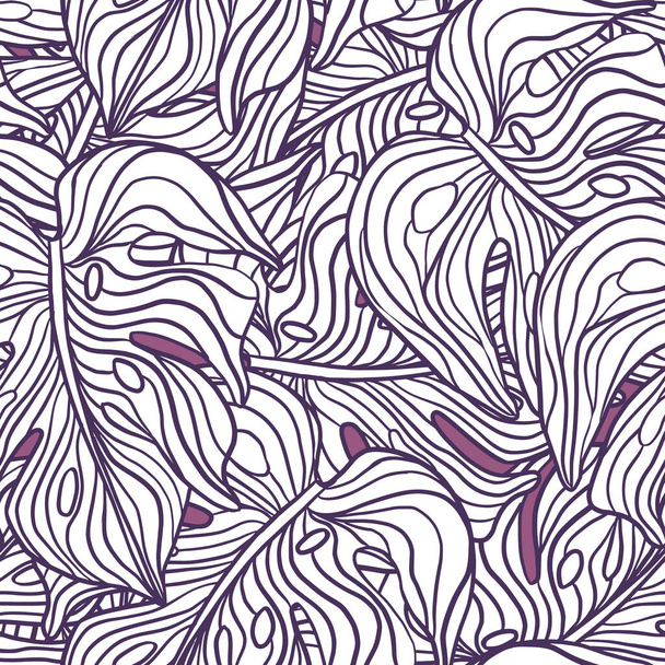 Floral seamless pattern with big purple contoured outline monstera elements. Palm foliage backdrop. Decorative backdrop for fabric design, textile print, wrapping, cover. Vector illustration. - Вектор, зображення
