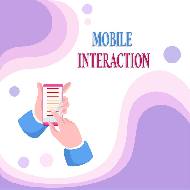 Texto mostrando inspiração Mobile Interaction. Negócios mostram a interação entre usuários móveis e computadores Abstrato Espalhando Mensagem Online, Conceitos de Conectividade Global - Foto, Imagem