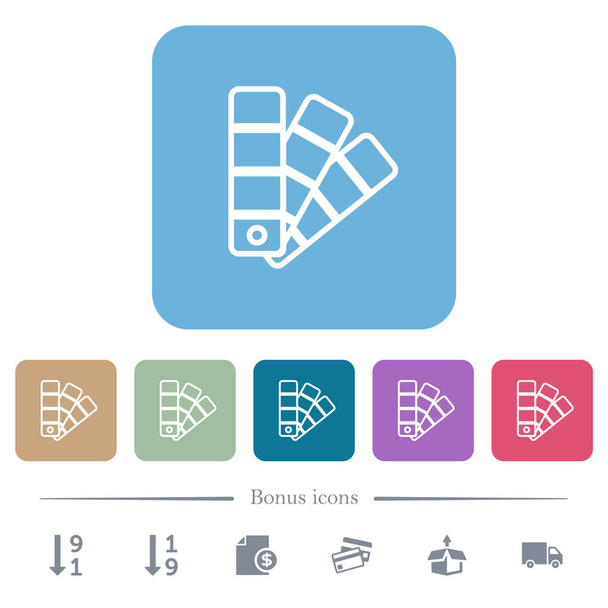 Esquema de muestra de color iconos blancos planos sobre fondos cuadrados redondeados de color. 6 iconos de bonificación incluidos - Vector, Imagen