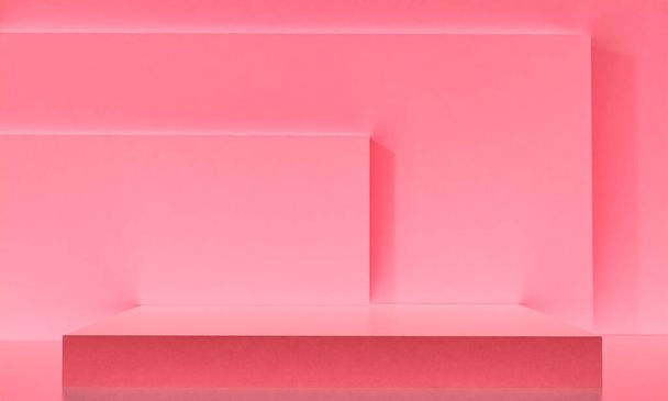 コピースペースとミニマリズムスタイルでのモックアッププレゼンテーションのためのピンクの色の表彰台とシーン, 3Dレンダリング抽象的な背景デザイン - 写真・画像