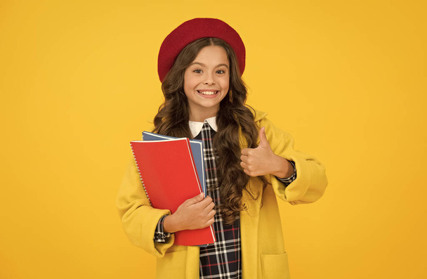 perfect day. kid school fashion. cheerful child ready for schoolyear. education. happy childhood. notebooks for learning at class. back to school. retro girl wear uniform and parisian beret - Fotografie, Obrázek