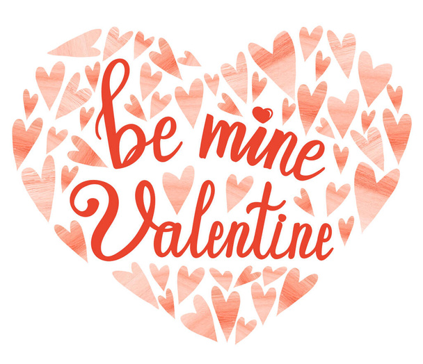 Be mine Valentine. Watercolor heart with lettering - Φωτογραφία, εικόνα