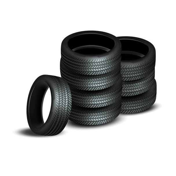 Černé pneumatiky, vektorové realistické izolované pneumatiky. Pneumatiky pro kola různých typů, letních a zimních běžeckých tratí, přední a boční pohled - Vektor, obrázek