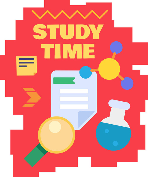 Study time at school subject educate lesson vector. Studying and researching chemical liquid formula, chemistry laboratory test with lab flask and reagent. Flat cartoon illustration - Vecteur, image