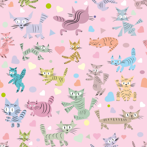 Seamless pattern with little kittens for baby clothes on a pink background, with geometric shapes - Вектор, зображення