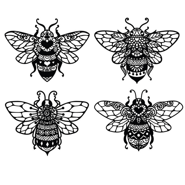 4 styles of Mandala bees for adult coloring book,printing,engraving,tattoo and so on. Vector illustration - Vektor, kép