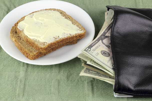 Dos rebanadas de pan integral tostado en un plato con dinero americano derramado de una billetera
. - Foto, Imagen