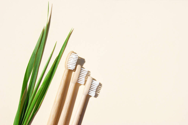 Cepillos de dientes de bambú y hierba verde sobre fondo claro. Dile que no al concepto plástico. Vista superior, espacio para copiar, plano. - Foto, Imagen