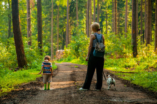 Μητέρα με ένα γιο και ένα σκύλο στο δάσος.  - Φωτογραφία, εικόνα