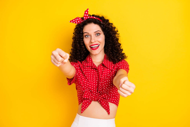 Photo of cute impressed brunette hair lady drive wear red top isolated on yellow color background - Φωτογραφία, εικόνα