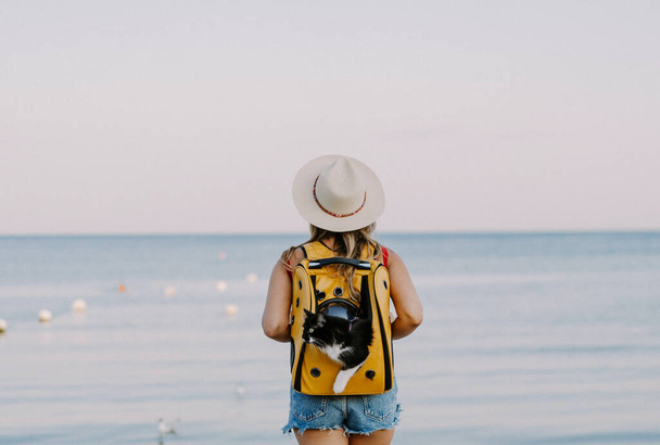 young woman with a cat in a backpack on the seashore. Travel concept with a pet. - Fotografie, Obrázek