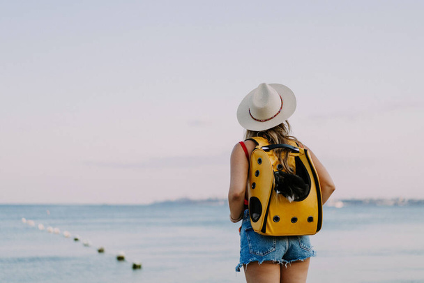 young woman with a cat in a backpack on the seashore. Travel concept with a pet. - Photo, image