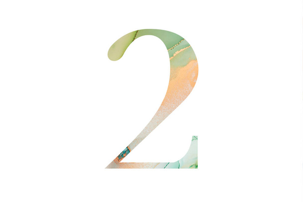 Decorative numeral 2 with abstract hand-painted alcohol ink texture. Isolated on white background. Illustration for emblem and logo design - Photo, Image