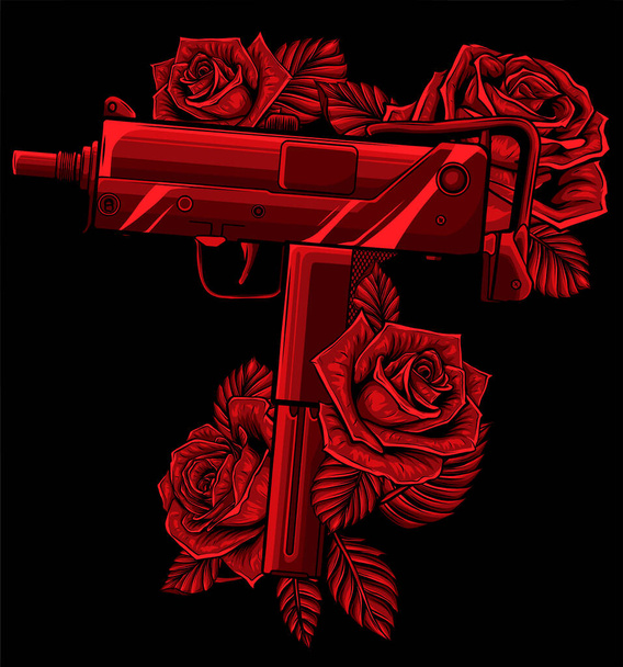 weapont Uzi with red roses vector illustration - Vector, Image